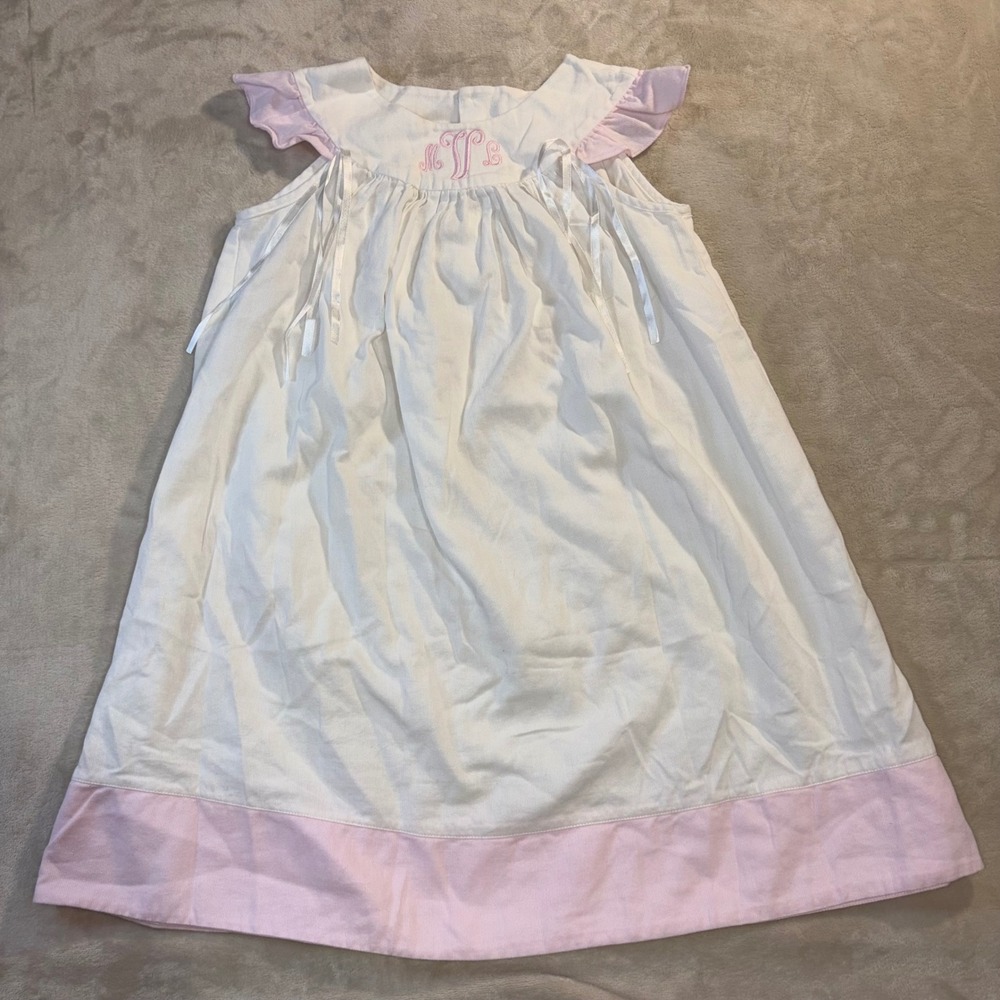 Remember Nguyen Girls White Pink Seersucker Monogram Pique Dress Size 7 MSL